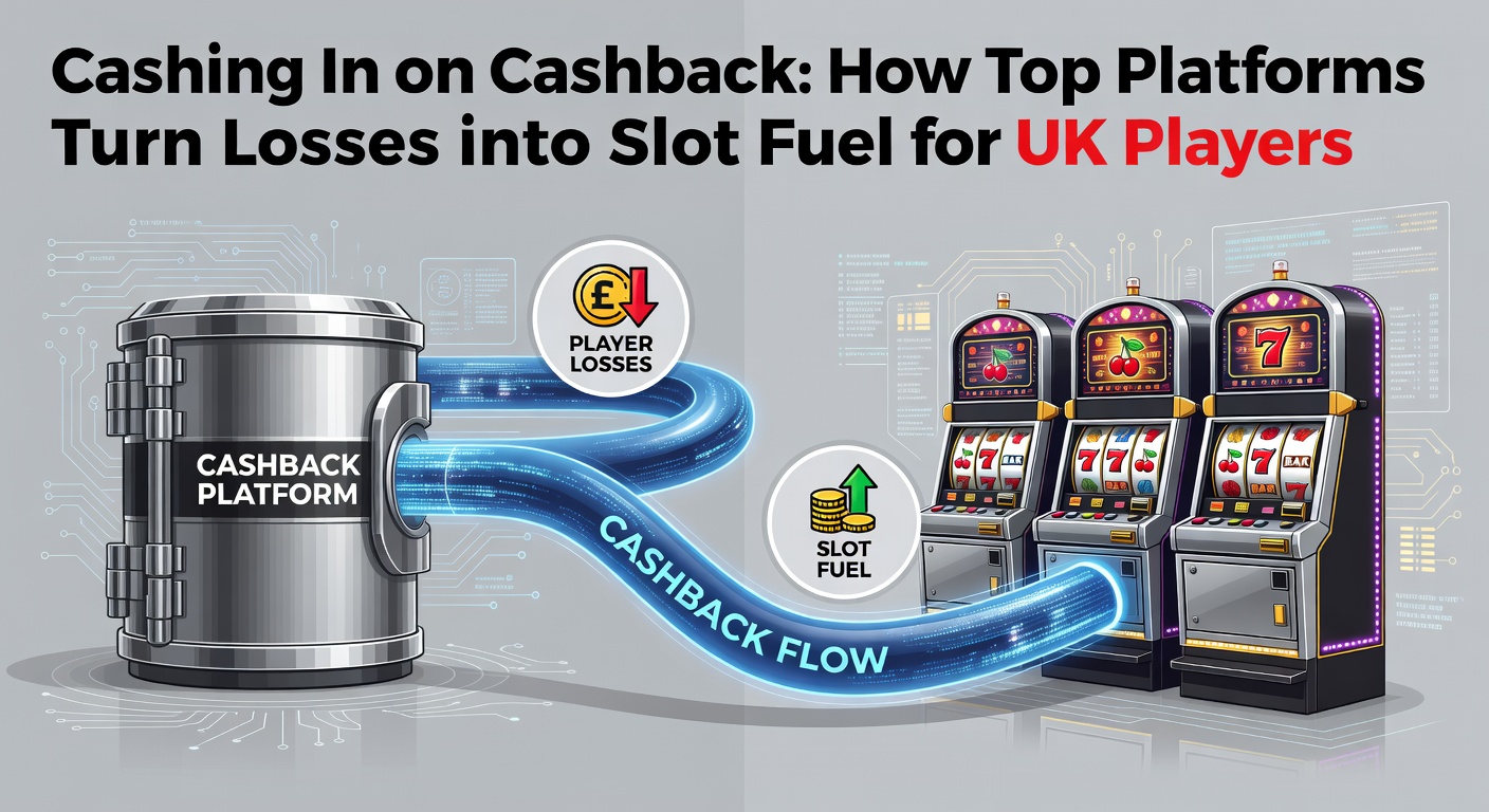Vibrant slot machine reels spinning with cashback icons overlayed, symbolizing player retention through rebates in UK online casinos