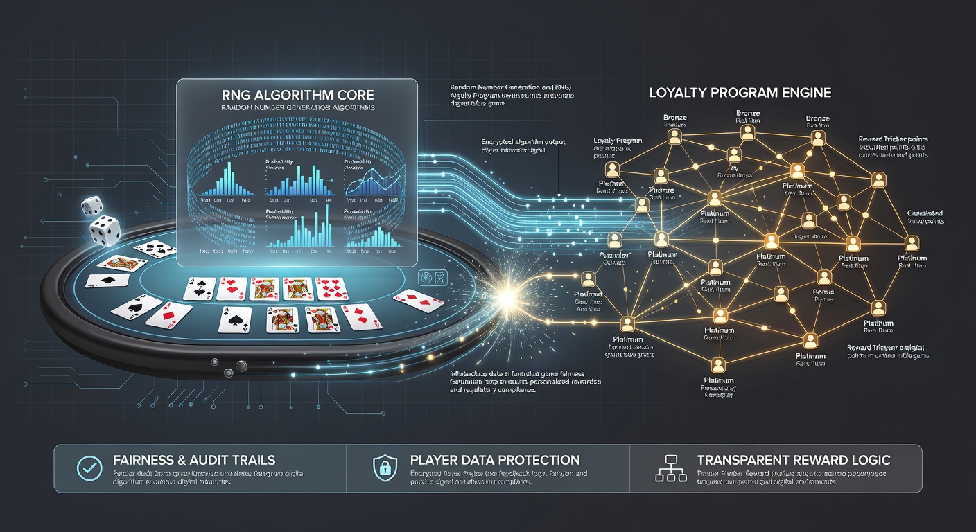 Digital rendering of interconnected RNG and loyalty algorithm interfaces on a virtual blackjack table