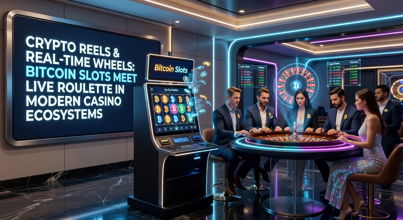 Vibrant display of Bitcoin slot reels spinning alongside a live roulette wheel streamed in real-time, showcasing crypto integration in casino gaming