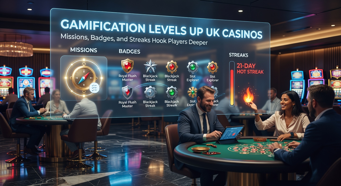 Vibrant casino interface displaying player missions, badges, and streak counters on a mobile screen, highlighting gamified elements in action