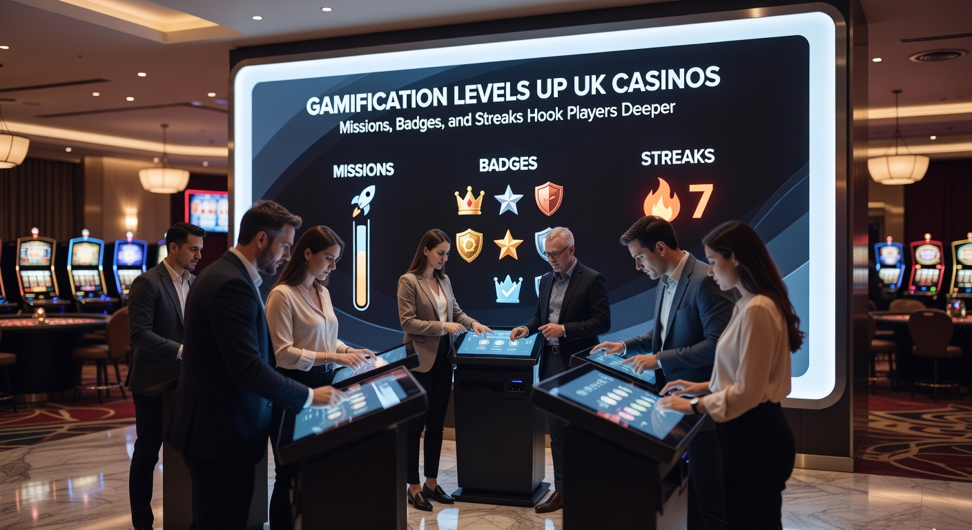 Close-up of a gamified casino dashboard showing earned badges, ongoing streaks, and mission progress bars, with slot reels and rewards in the background