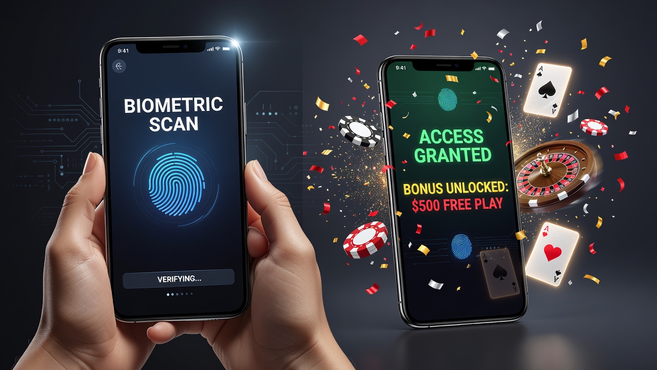 Smartphone screen displaying biometric login options for casino bonus verification