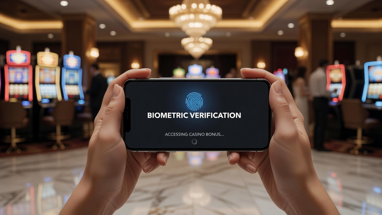 Close-up of smartphone using facial recognition to access casino account features