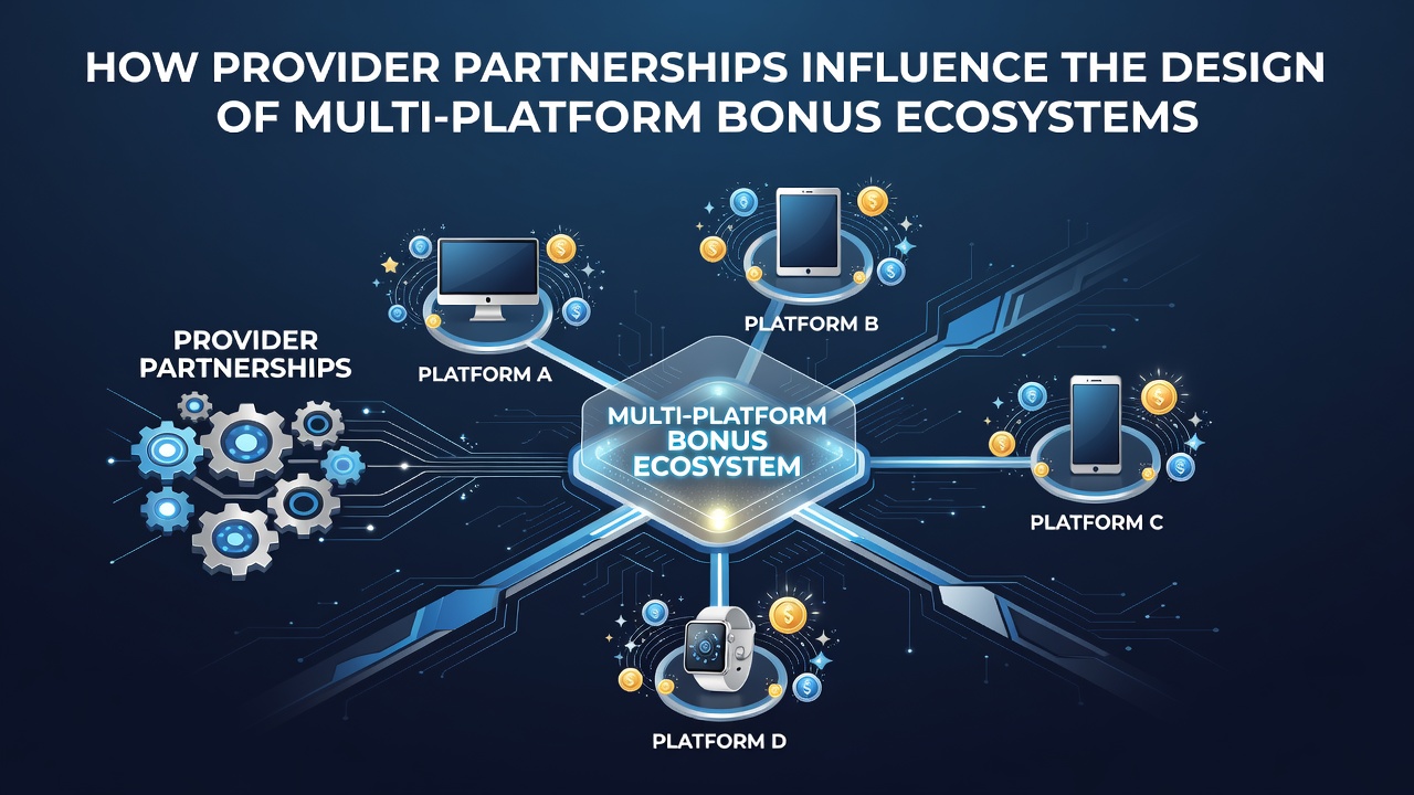 Diagram showing interconnected gaming providers collaborating on shared bonus structures across desktop, mobile, and live platforms