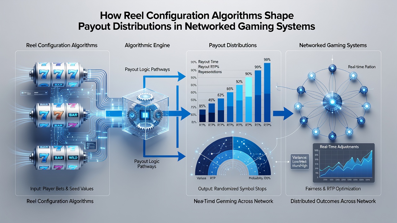 Flowchart showing how networked reel algorithms distribute payouts between local terminals and central progressive pools