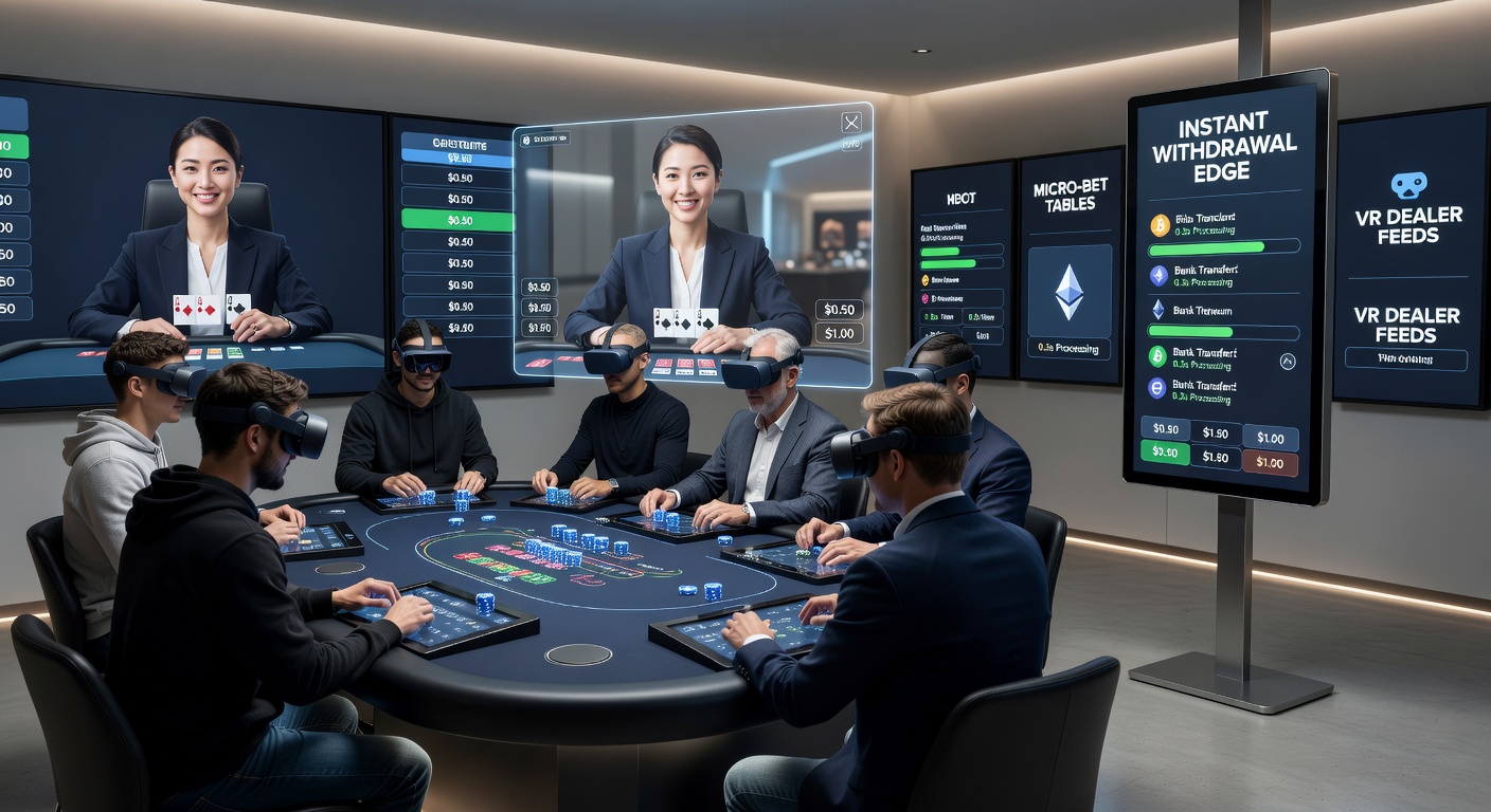 Sleek VR headset view of a live baccarat dealer revealing cards on a holographic table, with micro-bet buttons glowing in the foreground