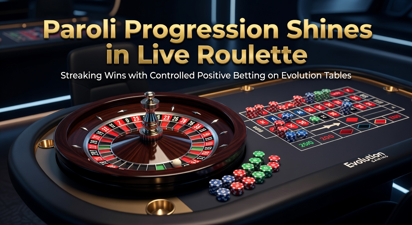 Dynamic live roulette wheel spinning on an Evolution table, overlaid with Paroli betting progression chart showing escalating wins
