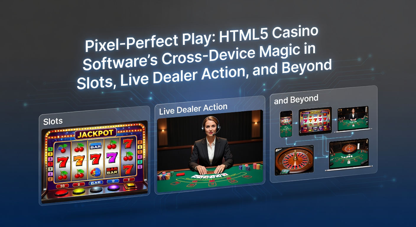 A sleek casino interface rendering flawlessly on a smartphone, tablet, and desktop side by side, showcasing HTML5's responsive design in action