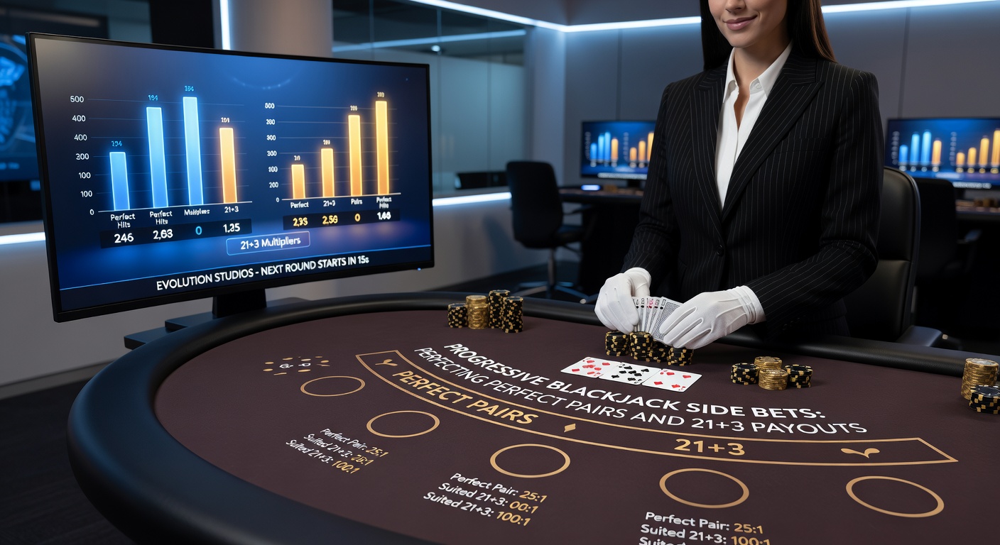 Live dealer dealing cards at an Evolution Blackjack table with side bet options highlighted, showing progressive jackpot meters ticking up in real time