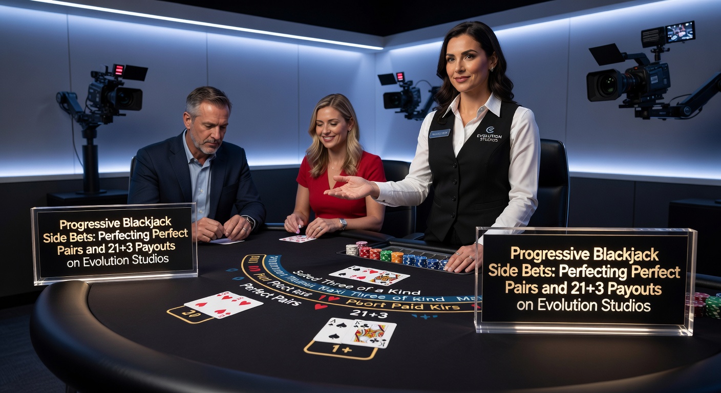 Close-up of Evolution Blackjack interface displaying active Perfect Pairs and 21+3 side bets with progressive jackpot amounts, live chat buzzing and bet chips placed