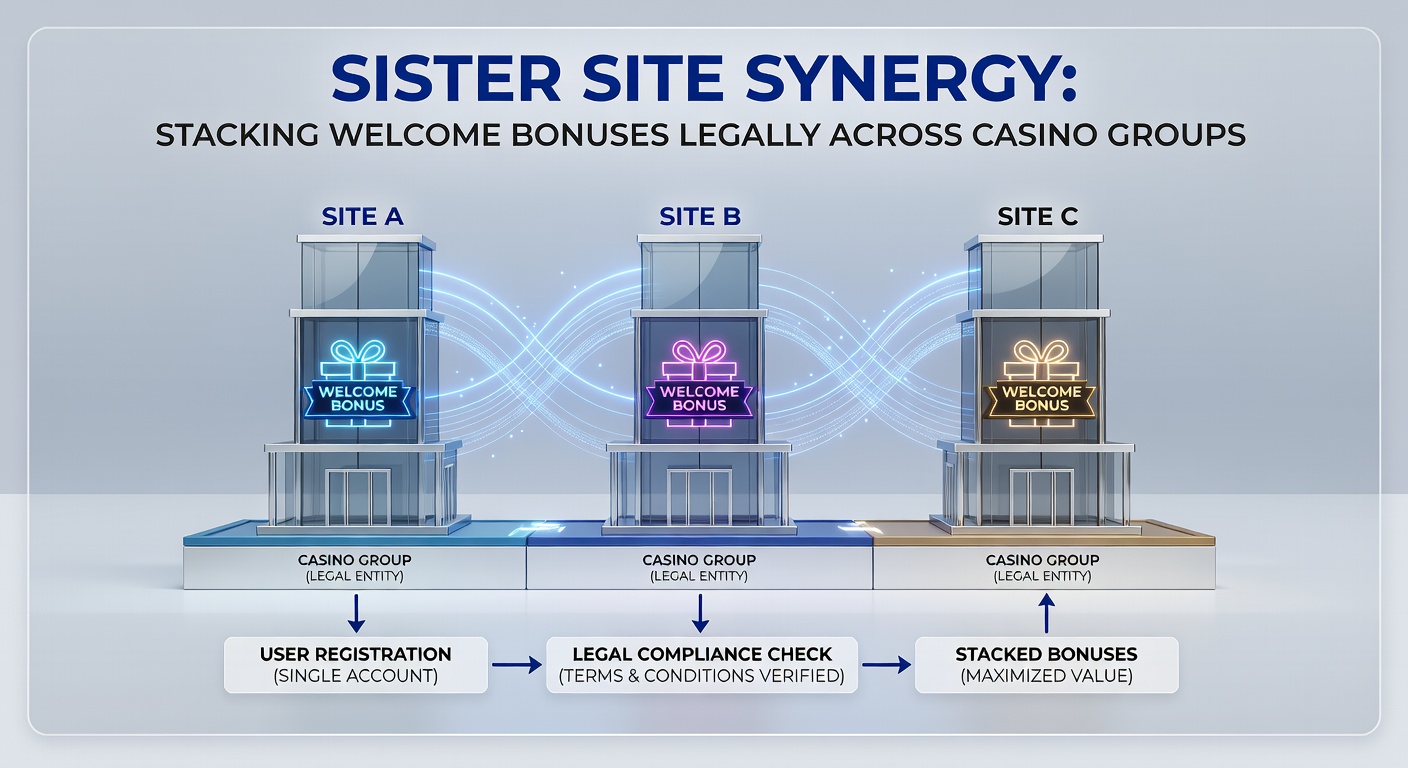 Infographic depicting a flowchart of legal bonus stacking across sister casino sites, with icons for deposits, wagering, and payouts