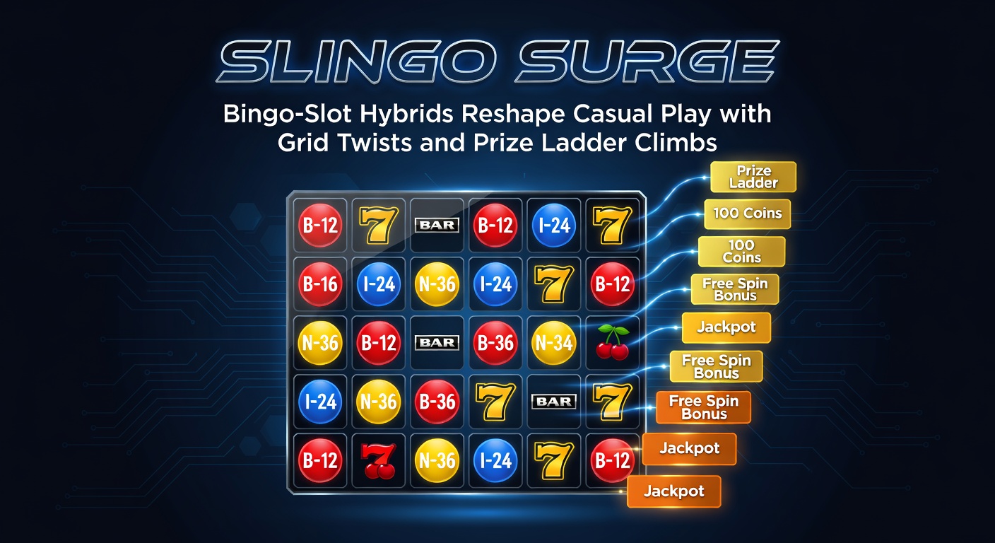Vibrant Slingo game screen showing a 5x5 bingo grid with spinning slot reels below and a glowing prize ladder on the side