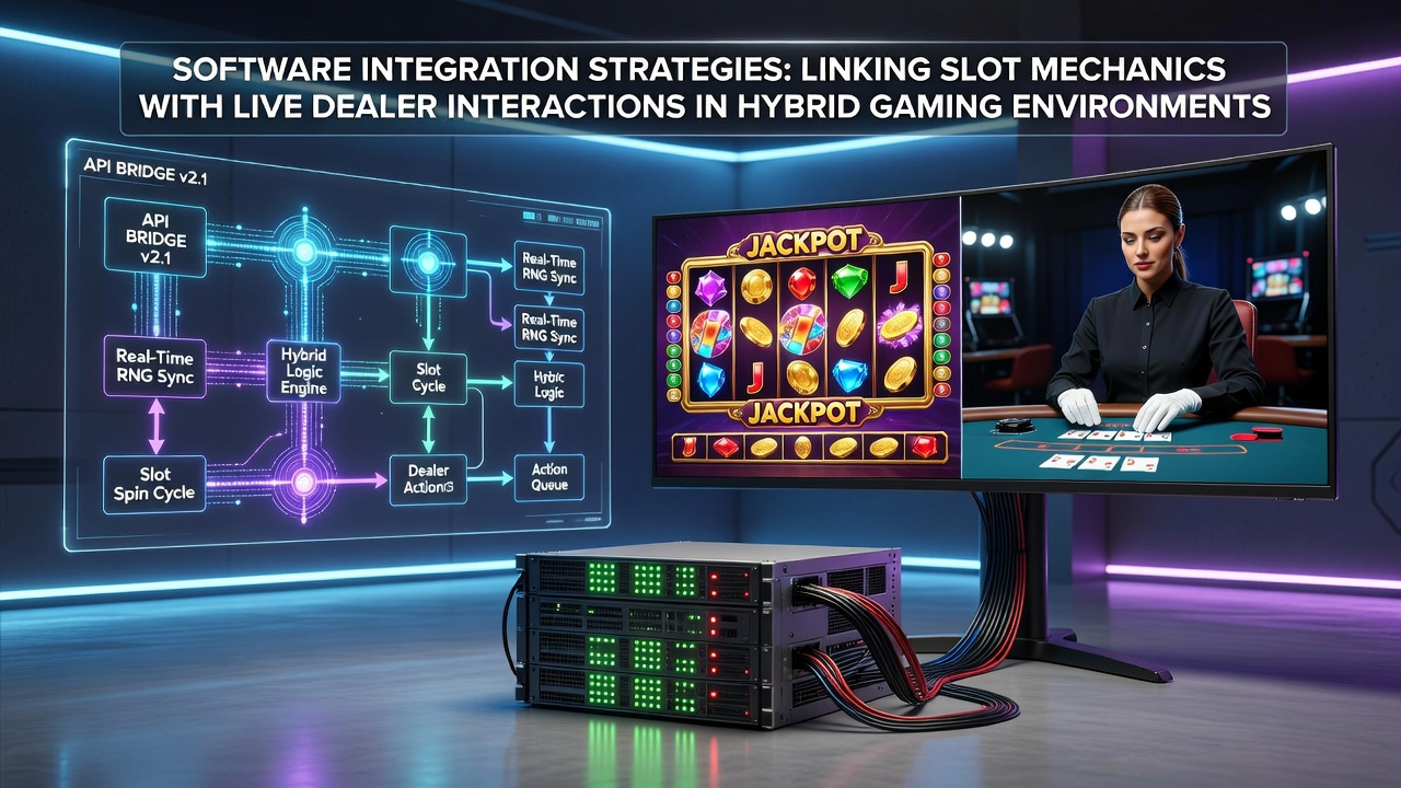 Hybrid gaming interface showing slot reels synchronized with live dealer table elements on a single screen