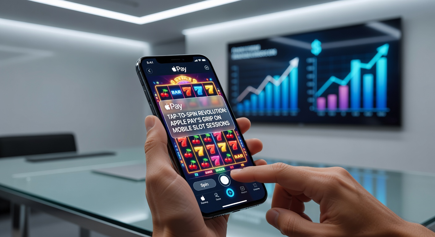 Close-up of fingers tapping an iPhone to activate Apple Pay amid colorful slot machine graphics, symbolizing instant mobile casino deposits